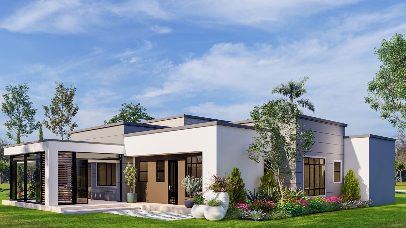 Contemporary flat-roof bungalow concept with a glazed courtyard room